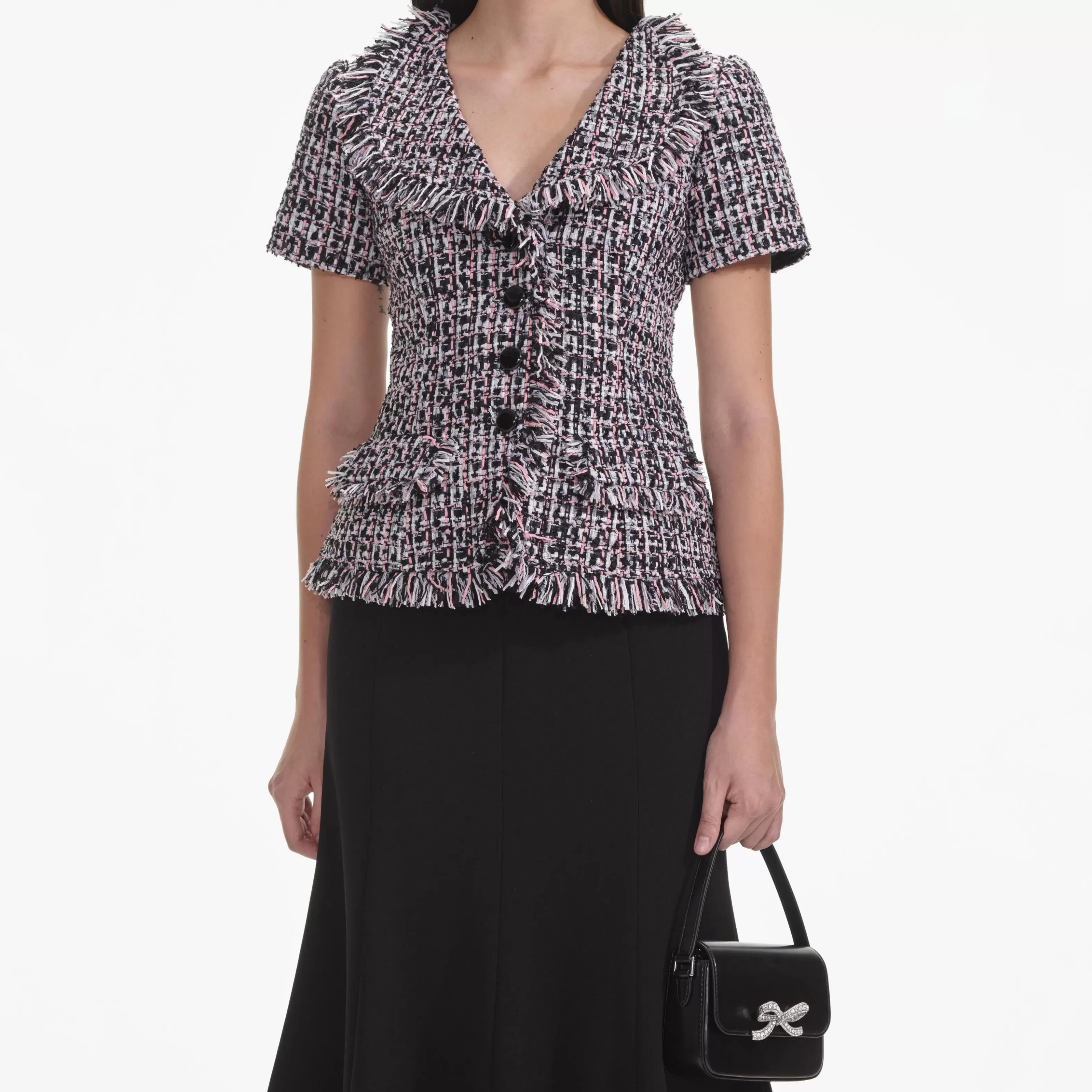 black_boucle_fringed_midi_dress_8202.webp Sale Boucle Fringed Midi Dress Dresses