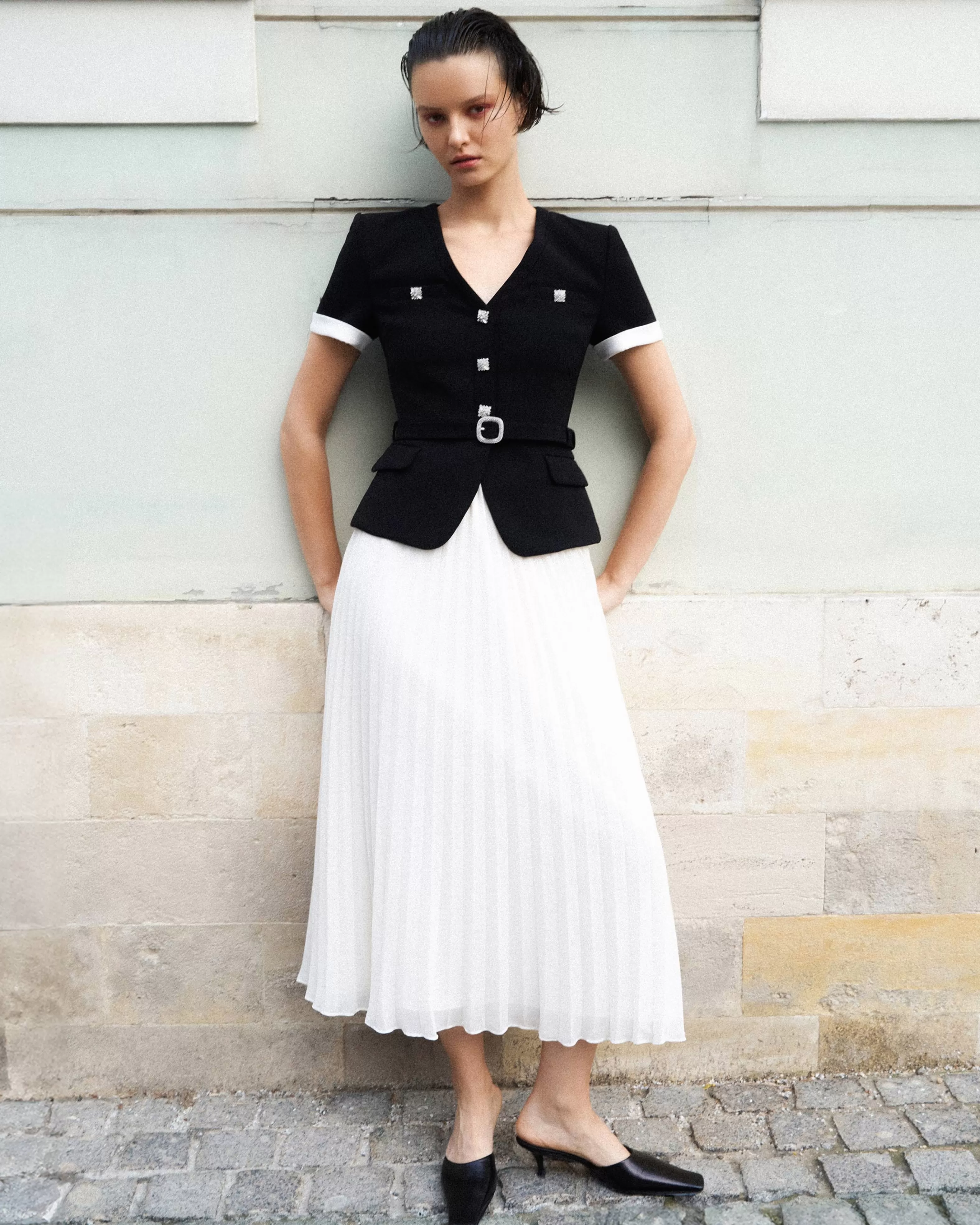black_crepe_contrast_chiffon_midi_dress_7542.webp Cheap Crepe Contrast Chiffon Midi Dress Dresses
