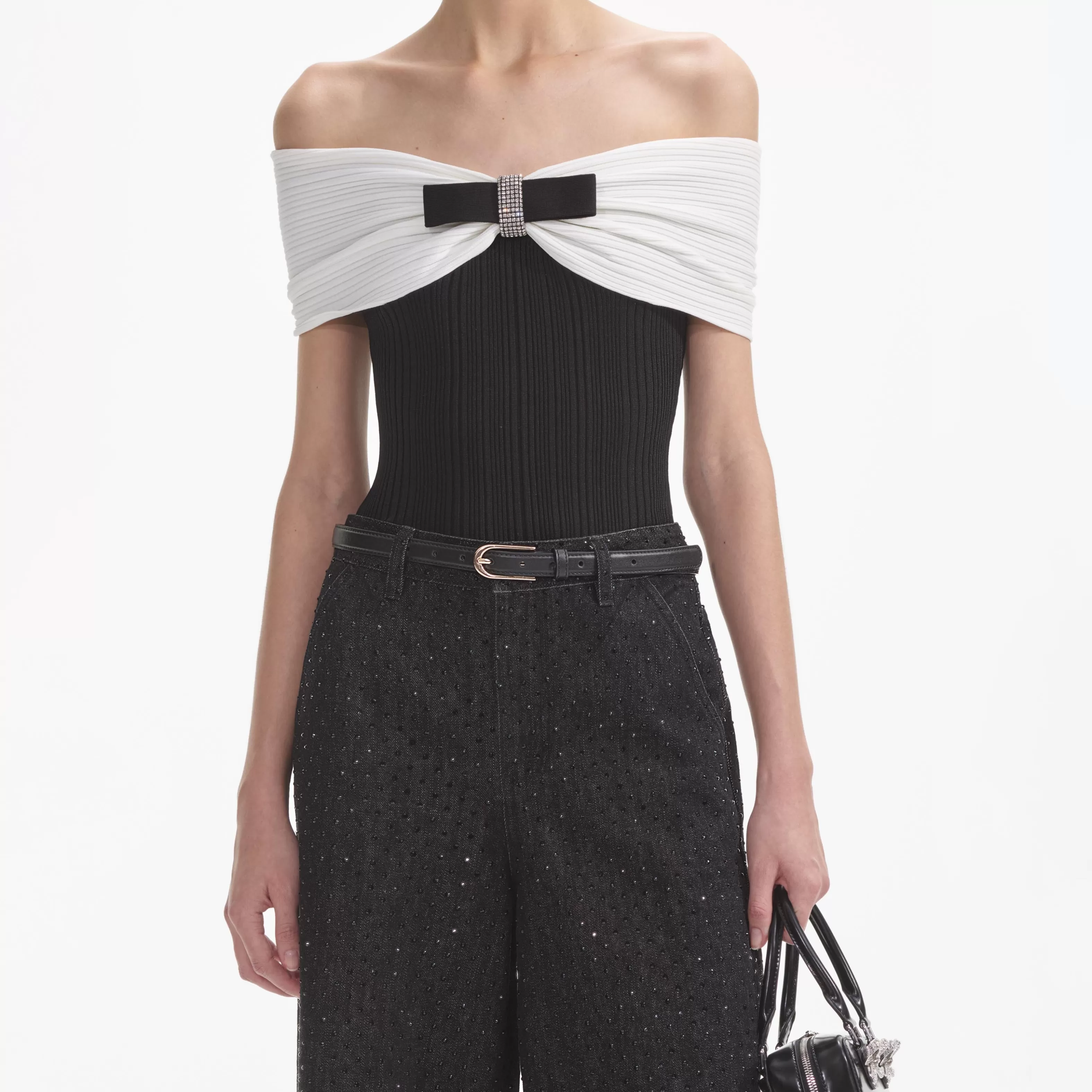 black_knit_bow_top_9112.webp Online Knit Bow Top Knitwear | Tops