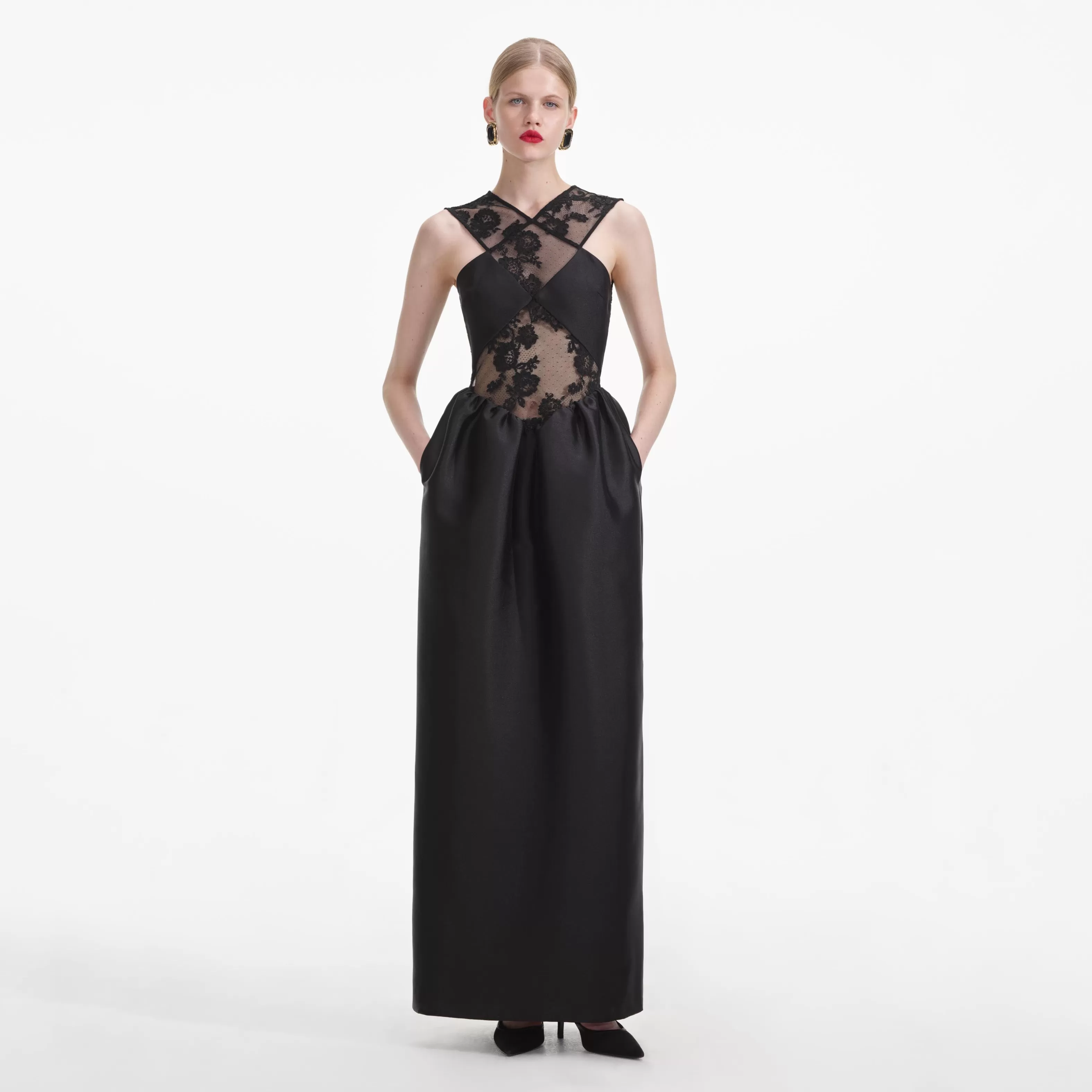 black_lace_taffeta_maxi_dress_6322.webp Hot Lace Taffeta Maxi Dress Dresses
