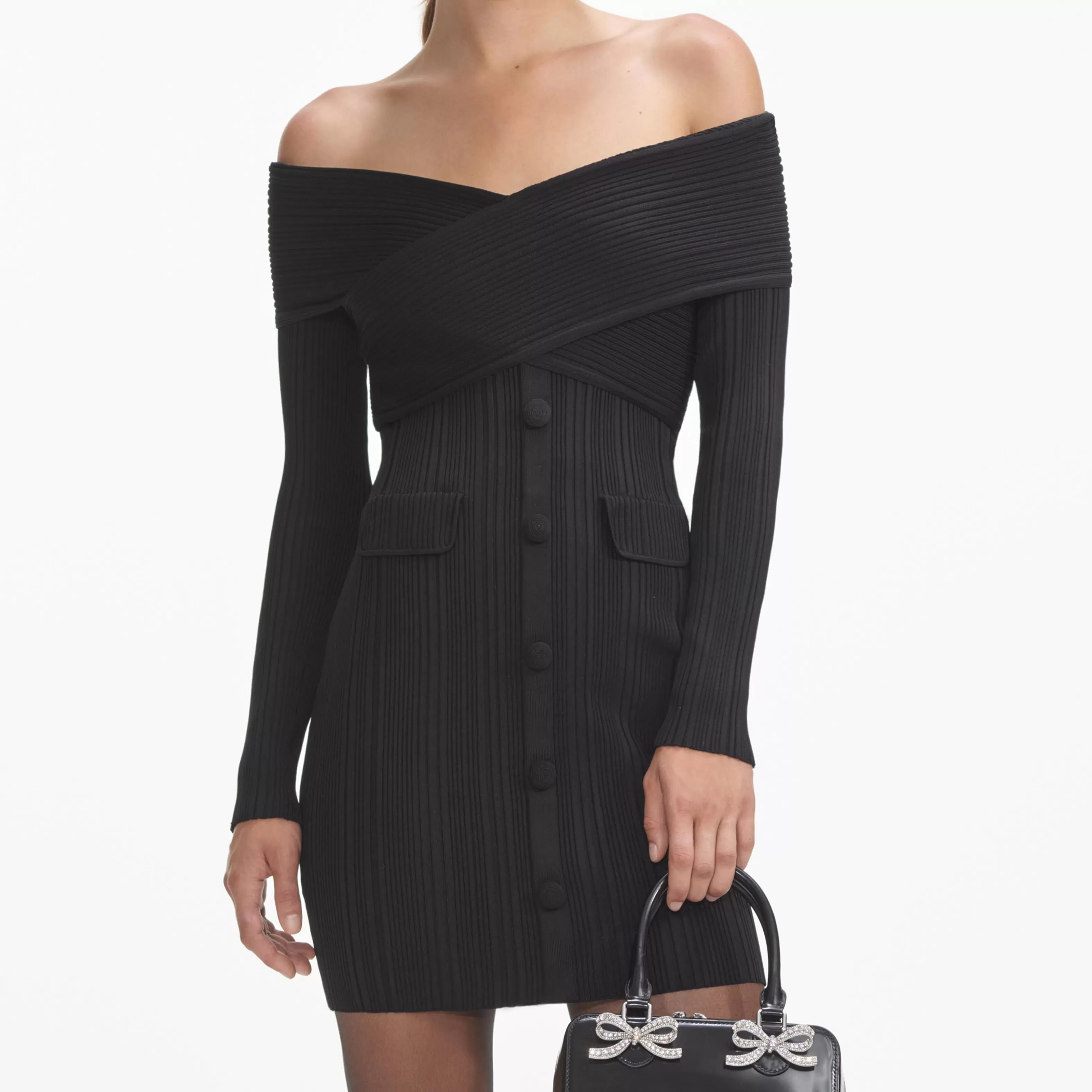 black_off_shoulder_knit_mini_dress_7177.webp Online Off Shoulder Knit Mini Dress Dresses | Knitwear