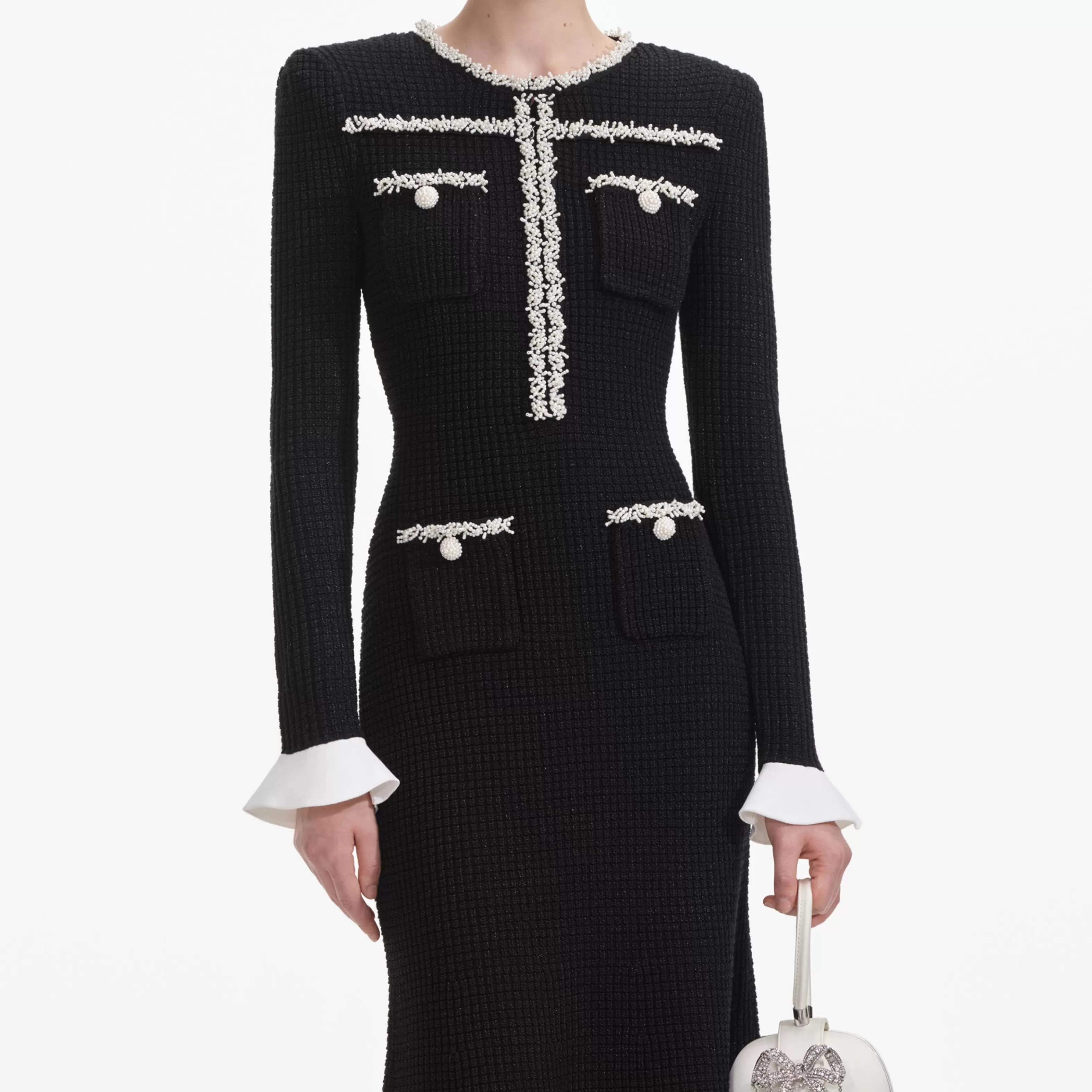 black_pearl_trim_knit_midi_dress_6445.webp Online Pearl Trim Knit Midi Dress Dresses | Knitwear