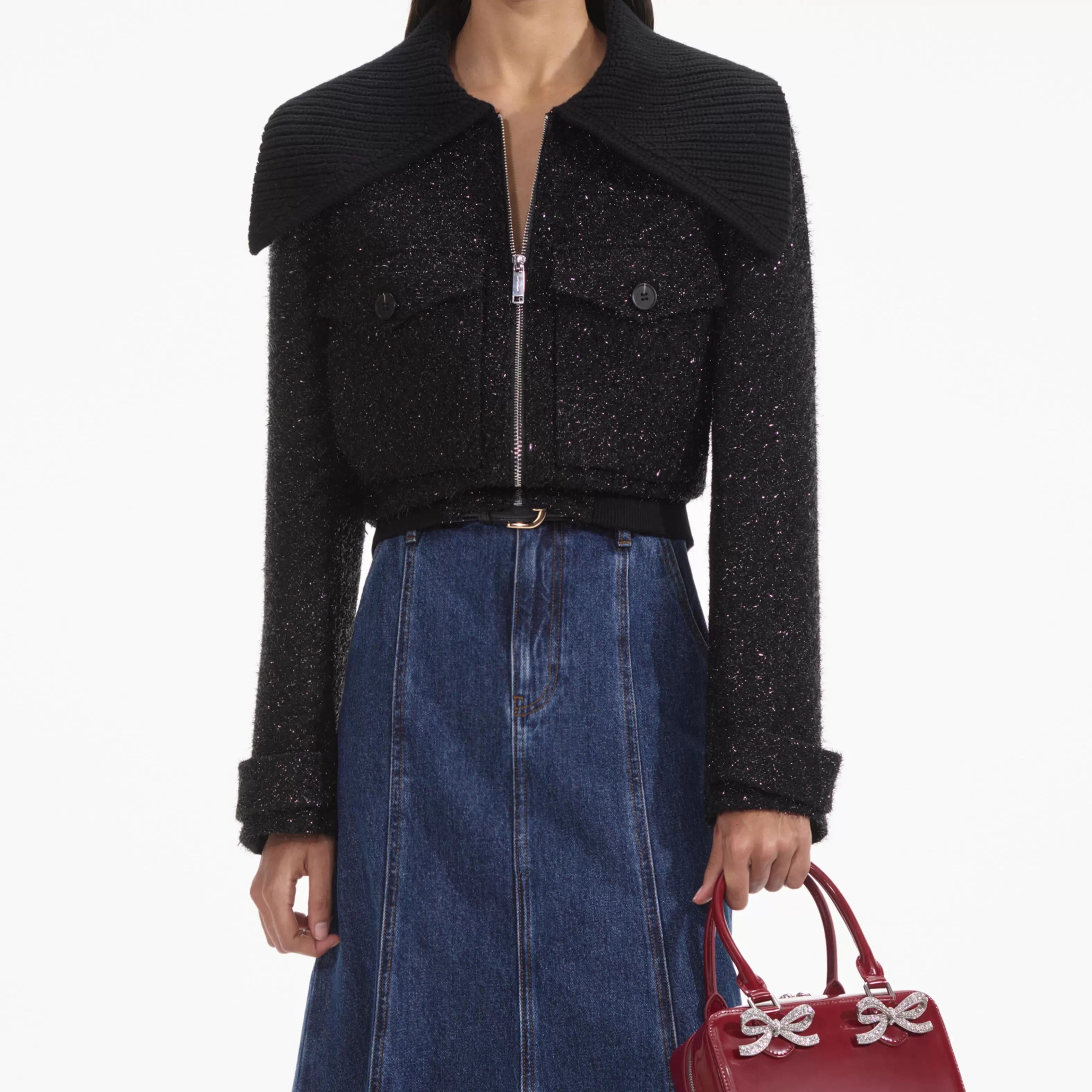 black_tinsel_boucle_bomber_jacket_10594.webp Clearance Tinsel Boucle Bomber Jacket Outerwear