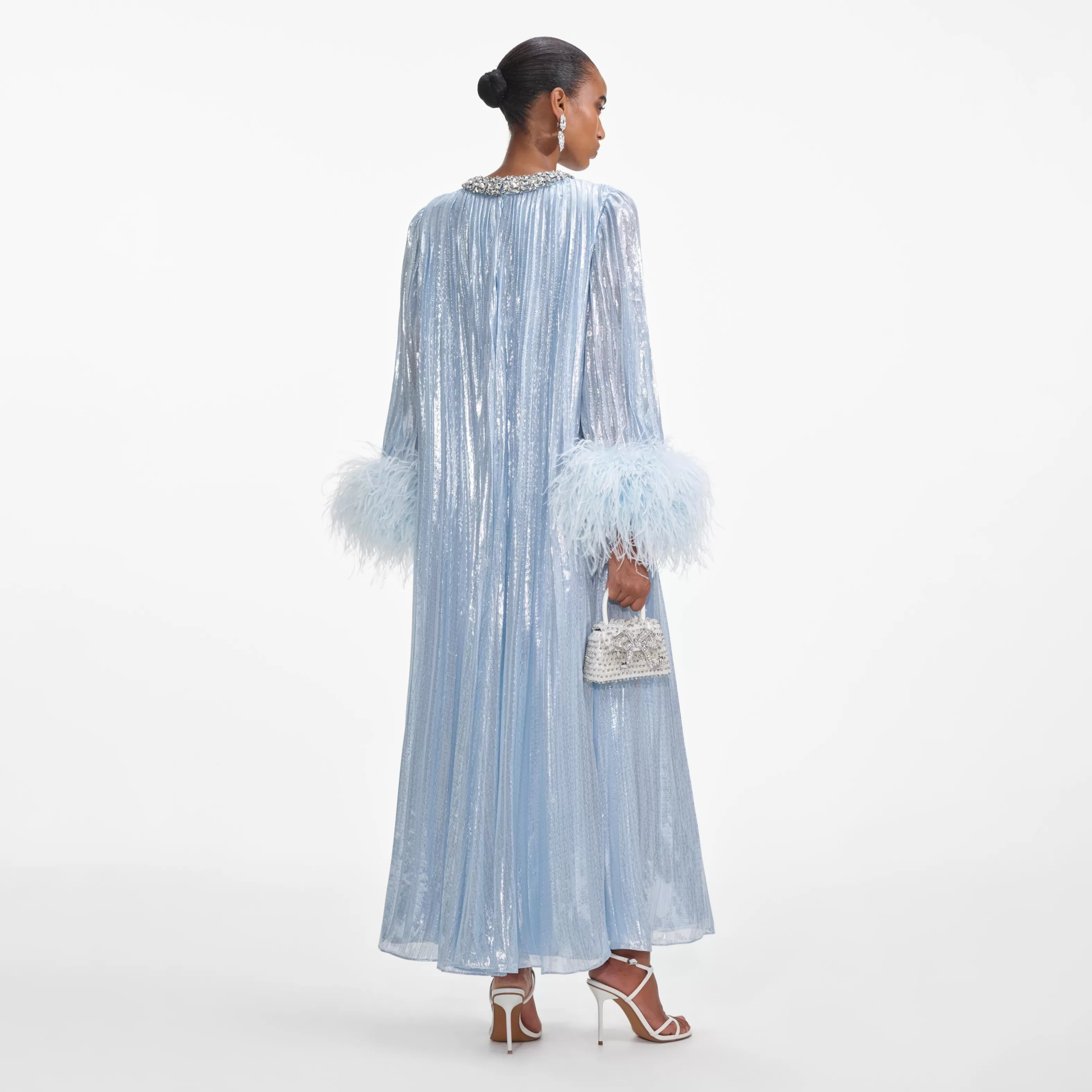 blue_metallic_chiffon_feather_midi_dress_7060.webp Online Metallic Chiffon Feather Midi Dress Dresses | Exclusives