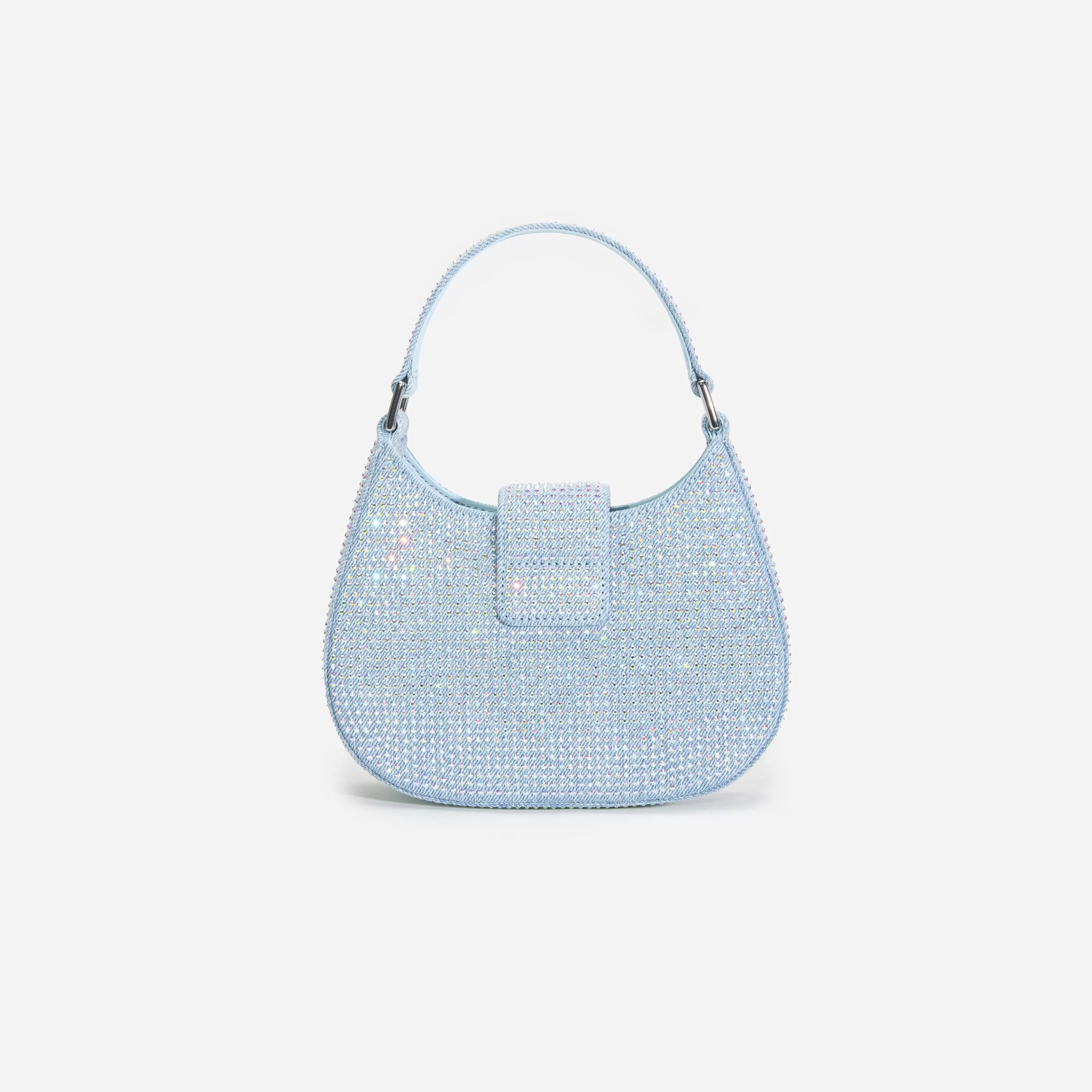 blue_rhinestone_denim_cresent_bag_9900.webp Shop Rhinestone Denim Cresent Bag Denim | Handbags