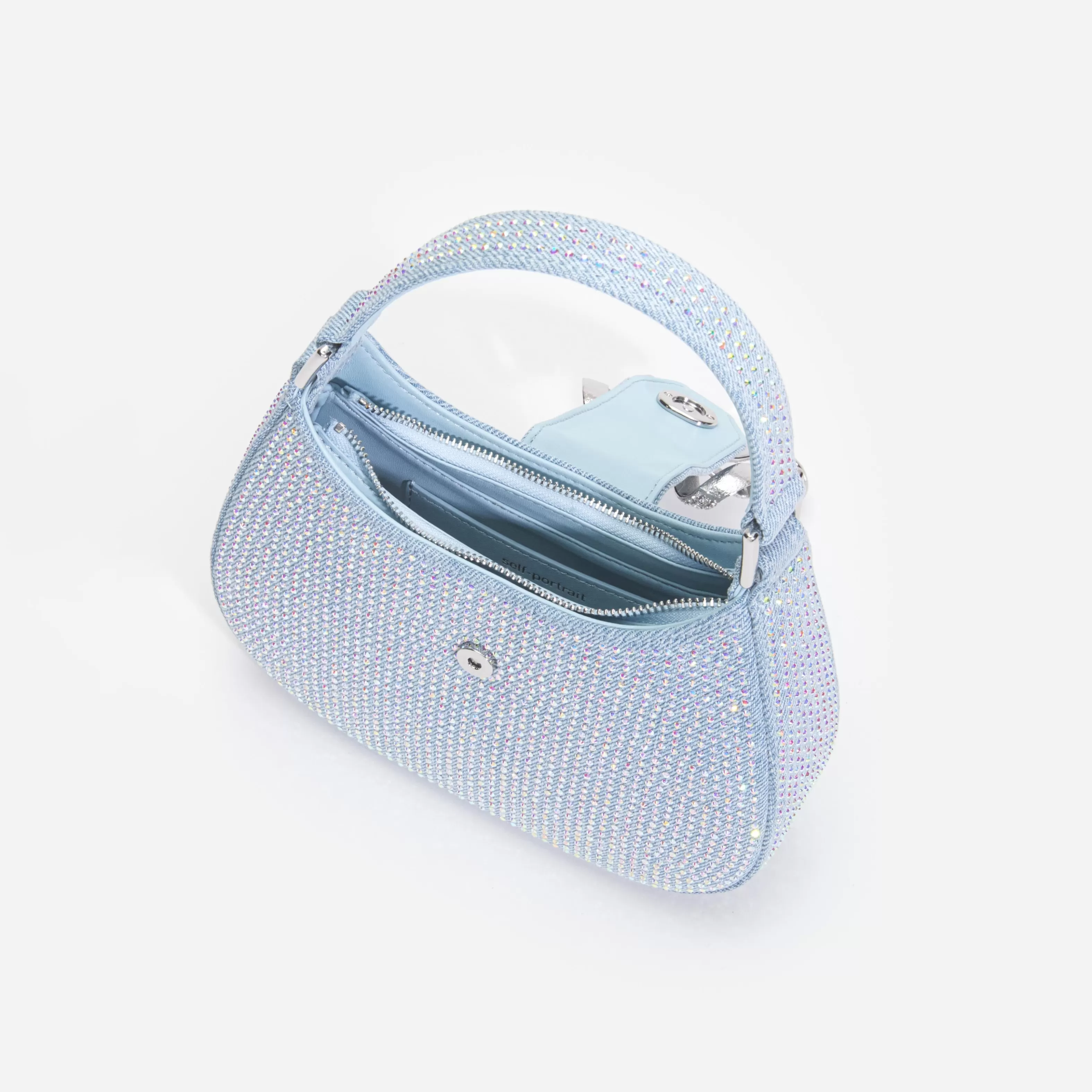 blue_rhinestone_denim_cresent_bag_9902.webp Shop Rhinestone Denim Cresent Bag Denim | Handbags
