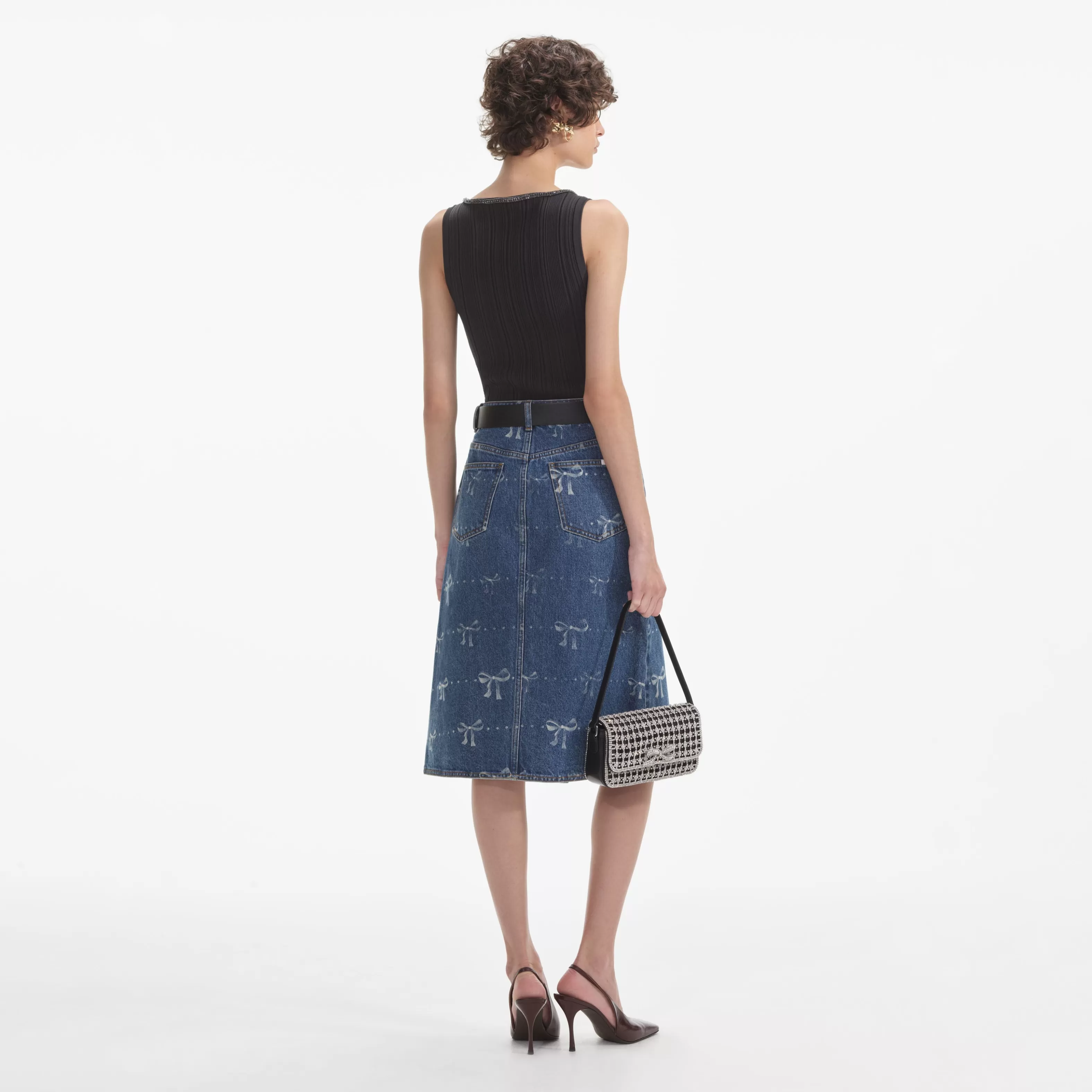 bow_print_denim_midi_skirt_9703.webp Clearance Print Denim Midi Skirt Denim | Bottoms