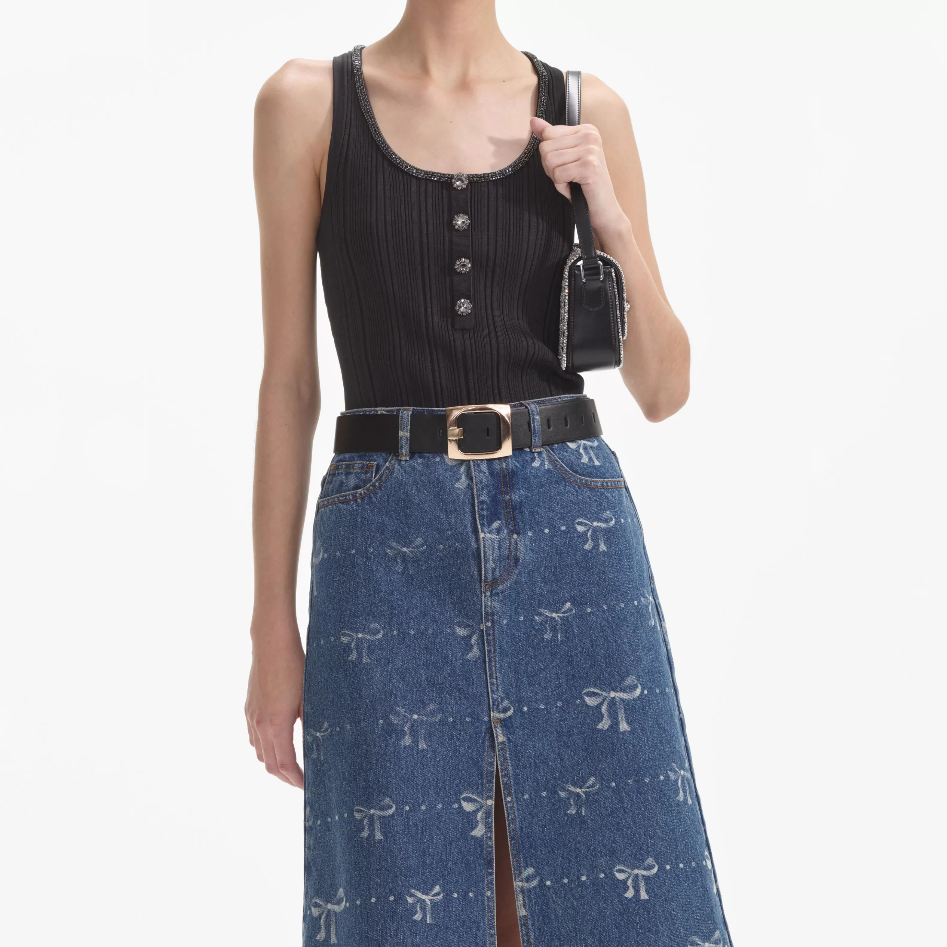 bow_print_denim_midi_skirt_9704.webp Clearance Print Denim Midi Skirt Denim | Bottoms