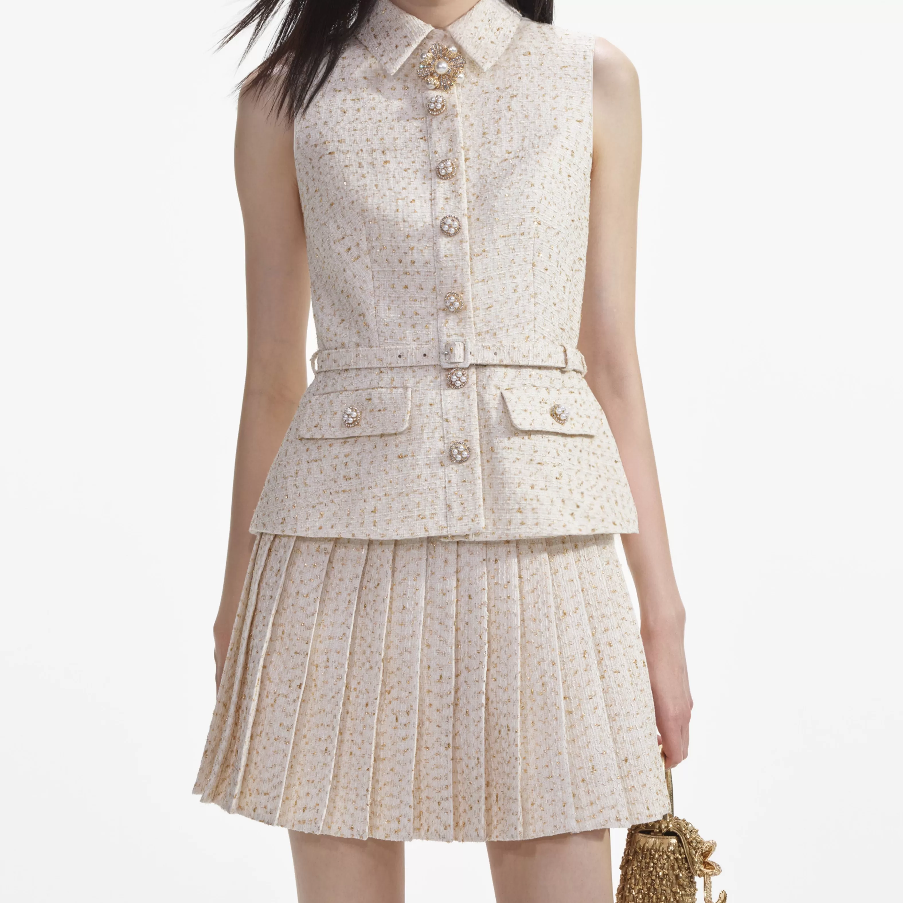 cream_metallic_boucle_tailored_mini_dress_8210.webp Outlet Metallic Boucle Tailored Mini Dress Dresses | Exclusives