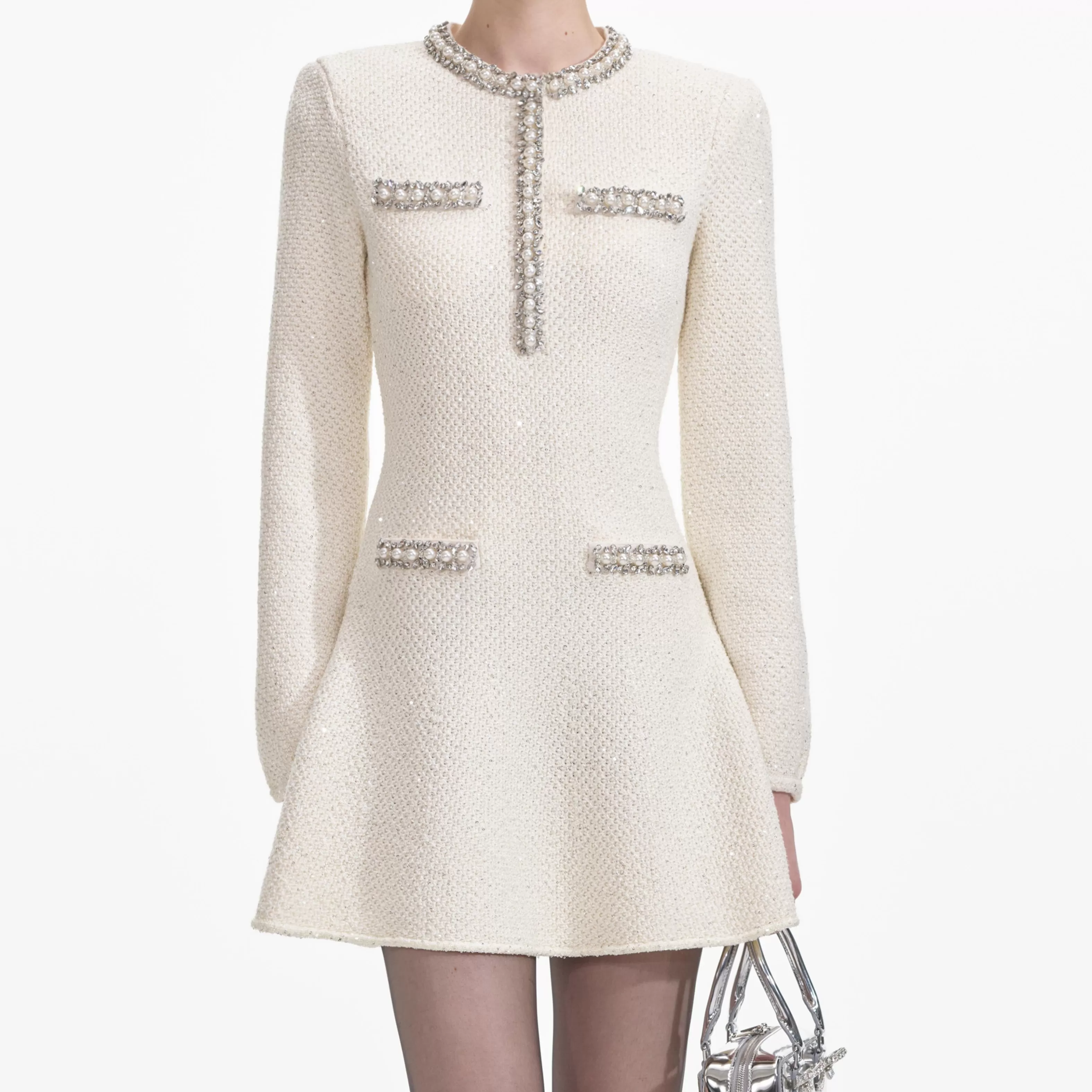 cream_textured_knit_embellished_mini_dress_6471.webp Best Sale Textured Knit Embellished Mini Dress Dresses | Knitwear