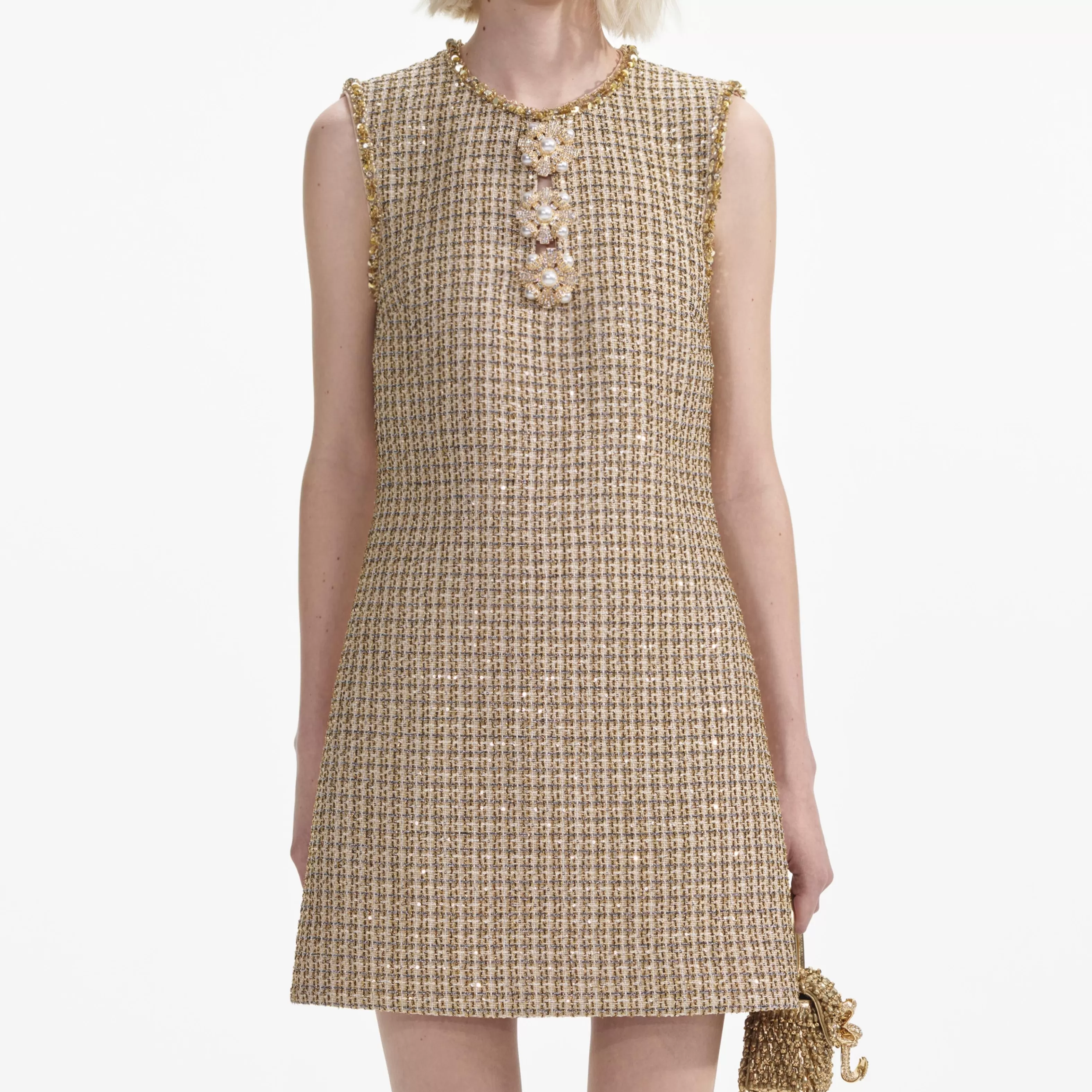 gold_boucle_embellished_mini_dress_7818.webp Discount Boucle Embellished Mini Dress Dresses | Exclusives