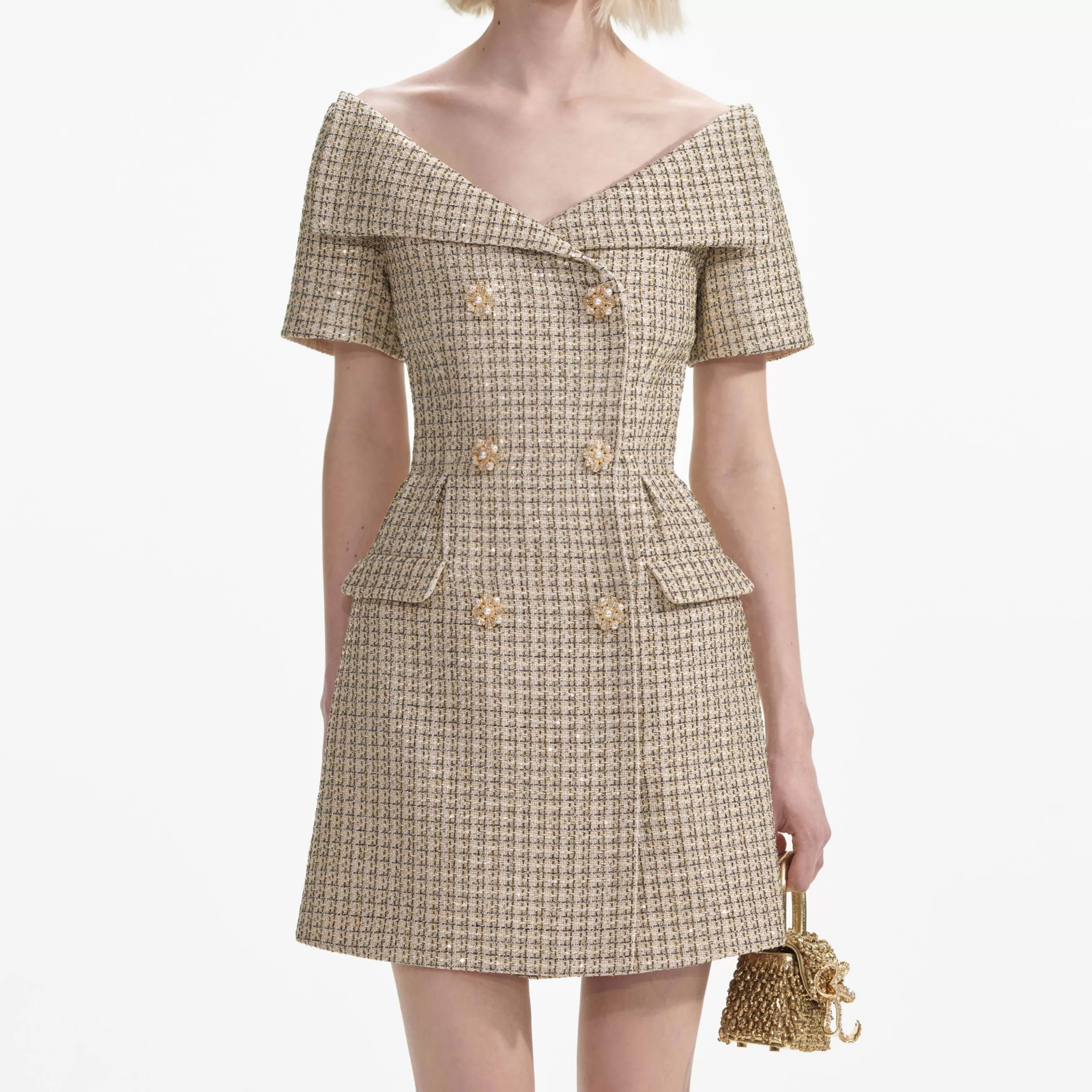 gold_boucle_open_neck_mini_dress_7842.webp Best Sale Boucle Open Neck Mini Dress Dresses | Exclusives
