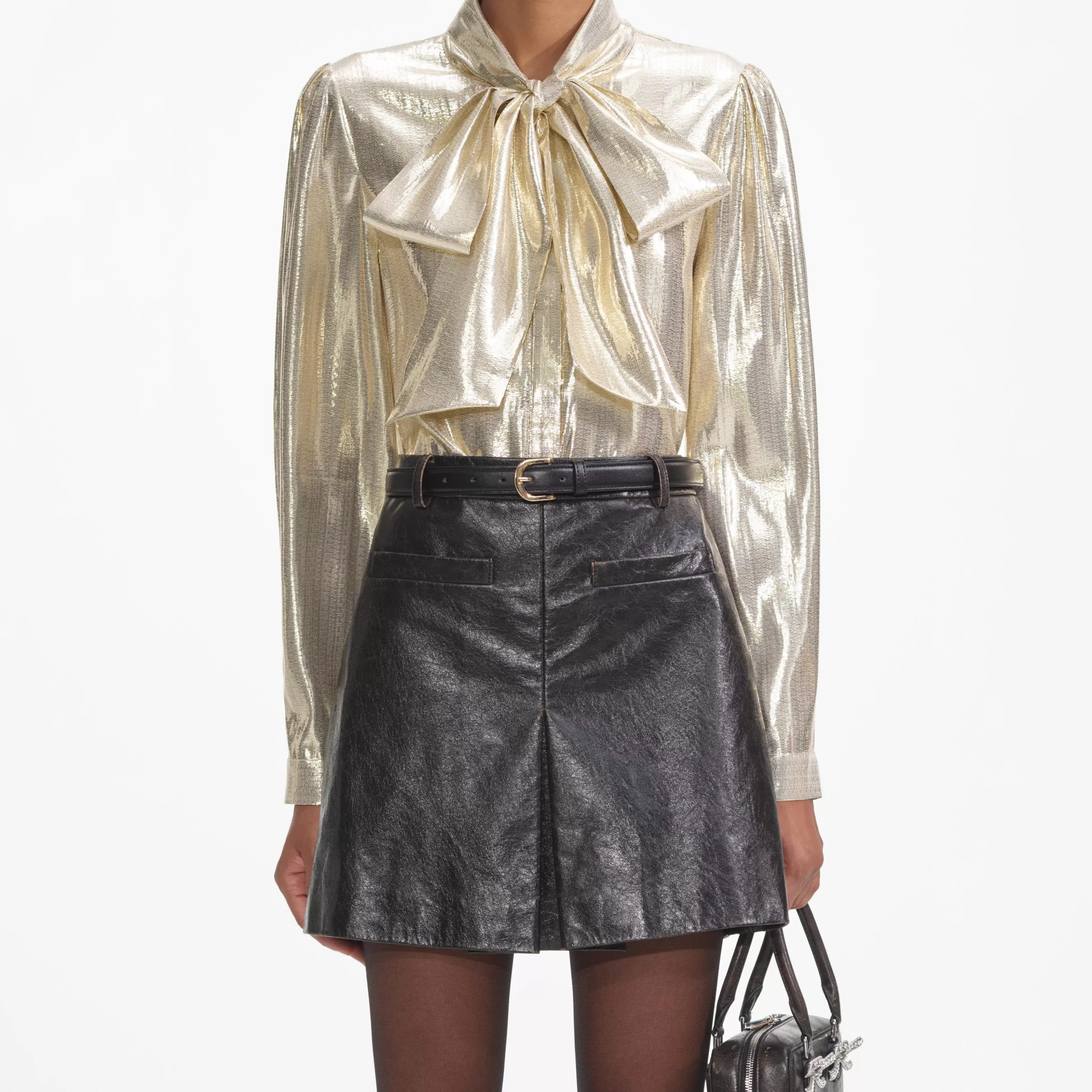 gold_metallic_pussy_bow_blouse_9971.webp Store Metallic Pussy Bow Blouse Tops