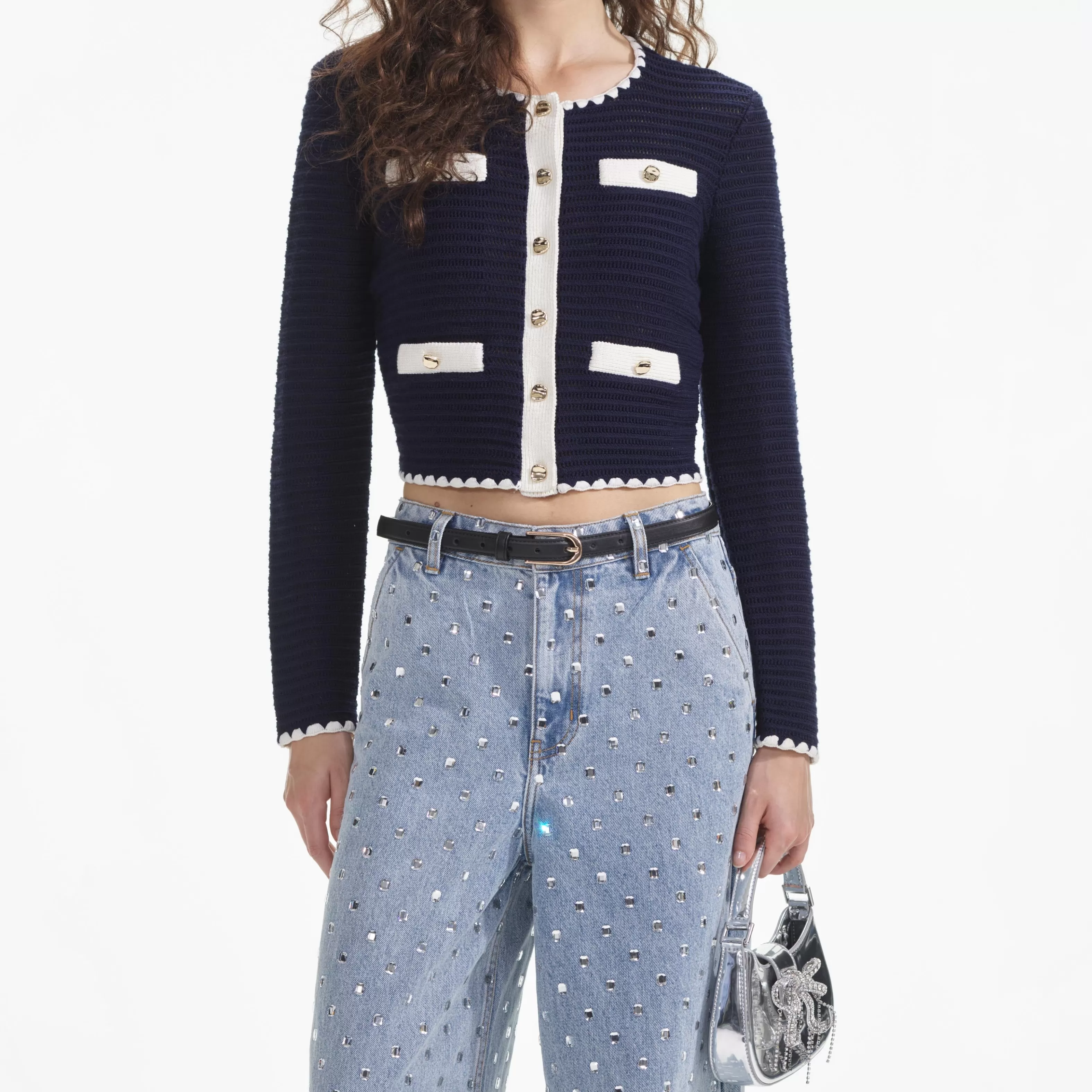 navy_crochet_contrast_trim_cardigan_9580.webp Sale Crochet Contrast Trim Cardigan Co-ords | Tops