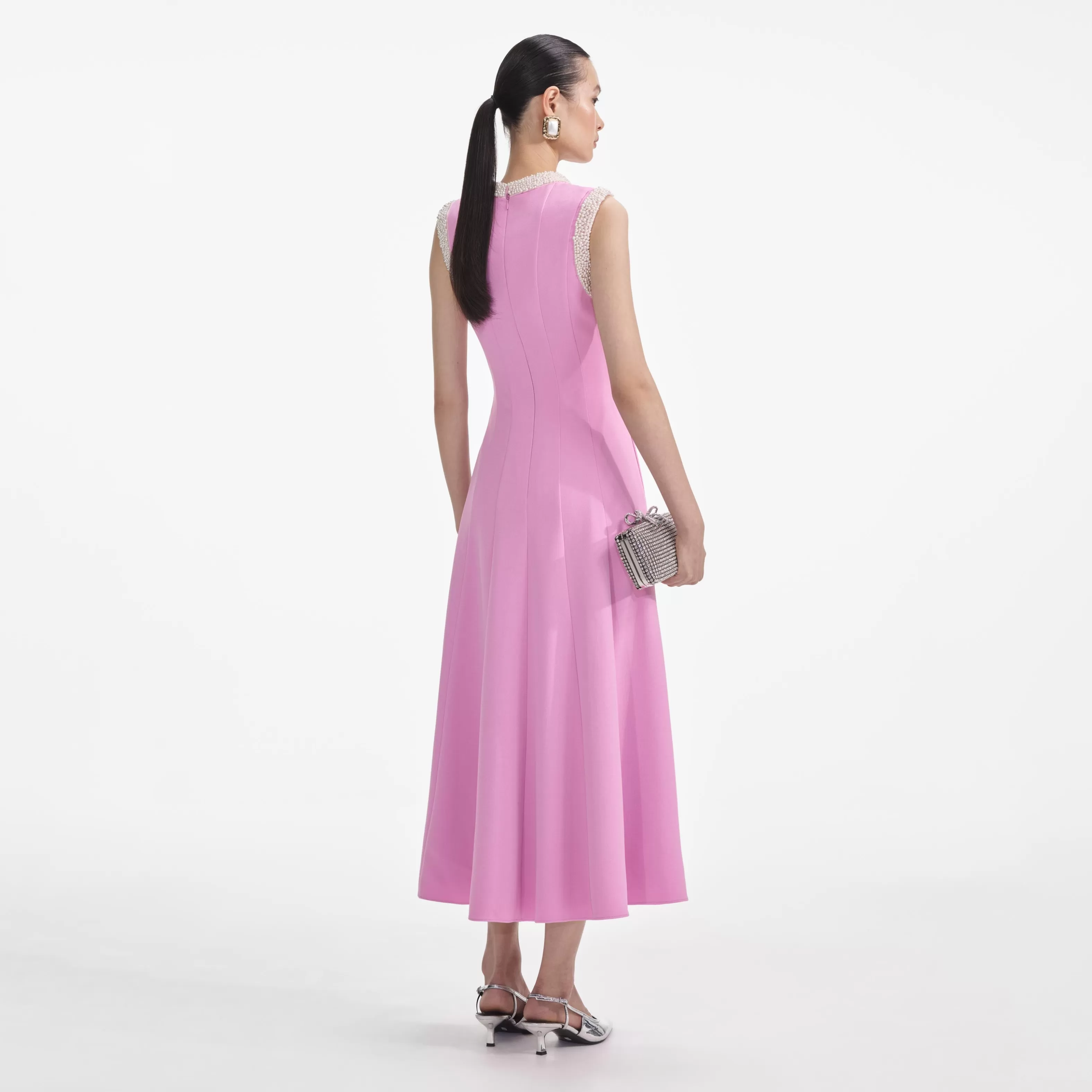 pink_crepe_pearl_trim_midi_dress_6621.webp Clearance Crepe Pearl Trim Midi Dress Dresses