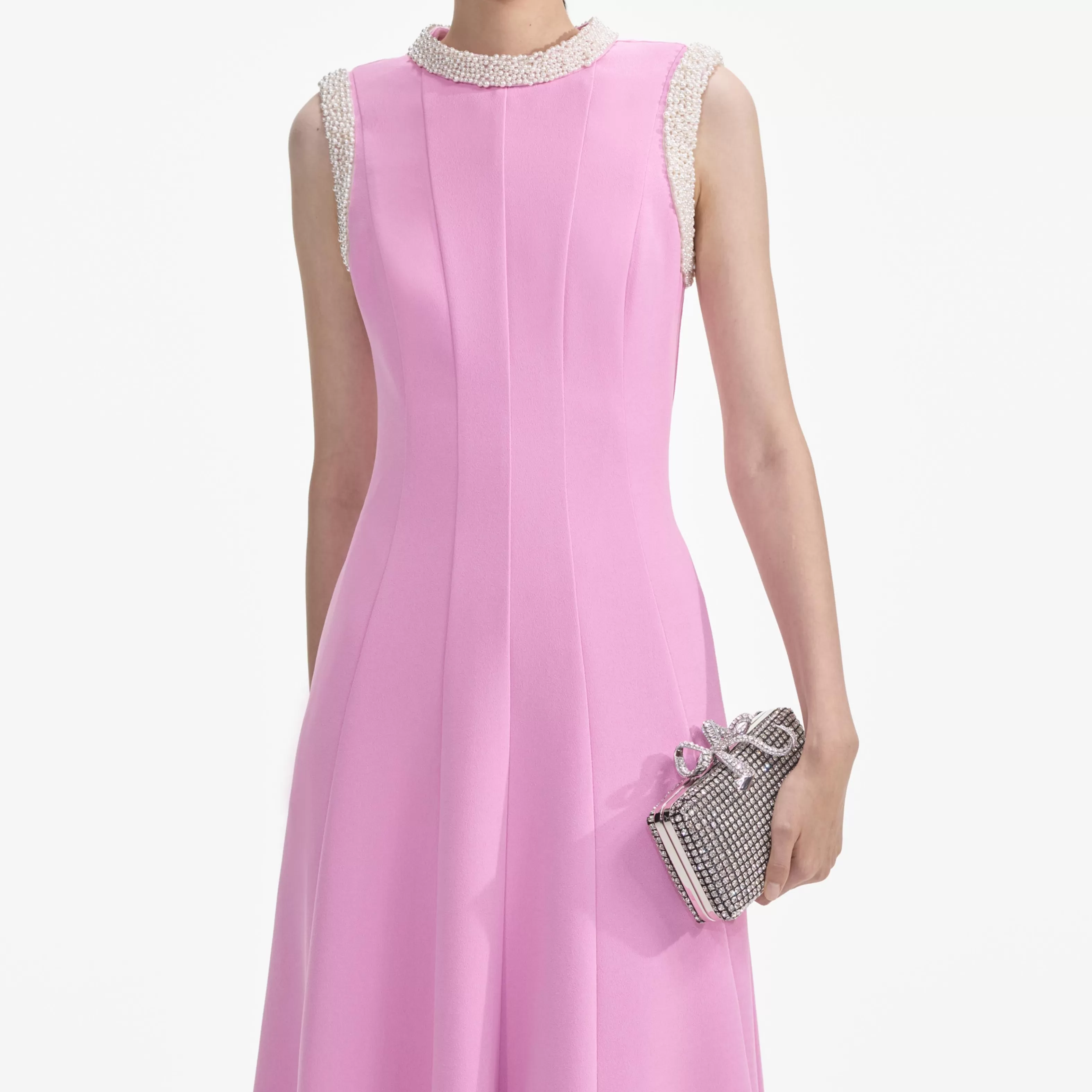 pink_crepe_pearl_trim_midi_dress_6622.webp Clearance Crepe Pearl Trim Midi Dress Dresses