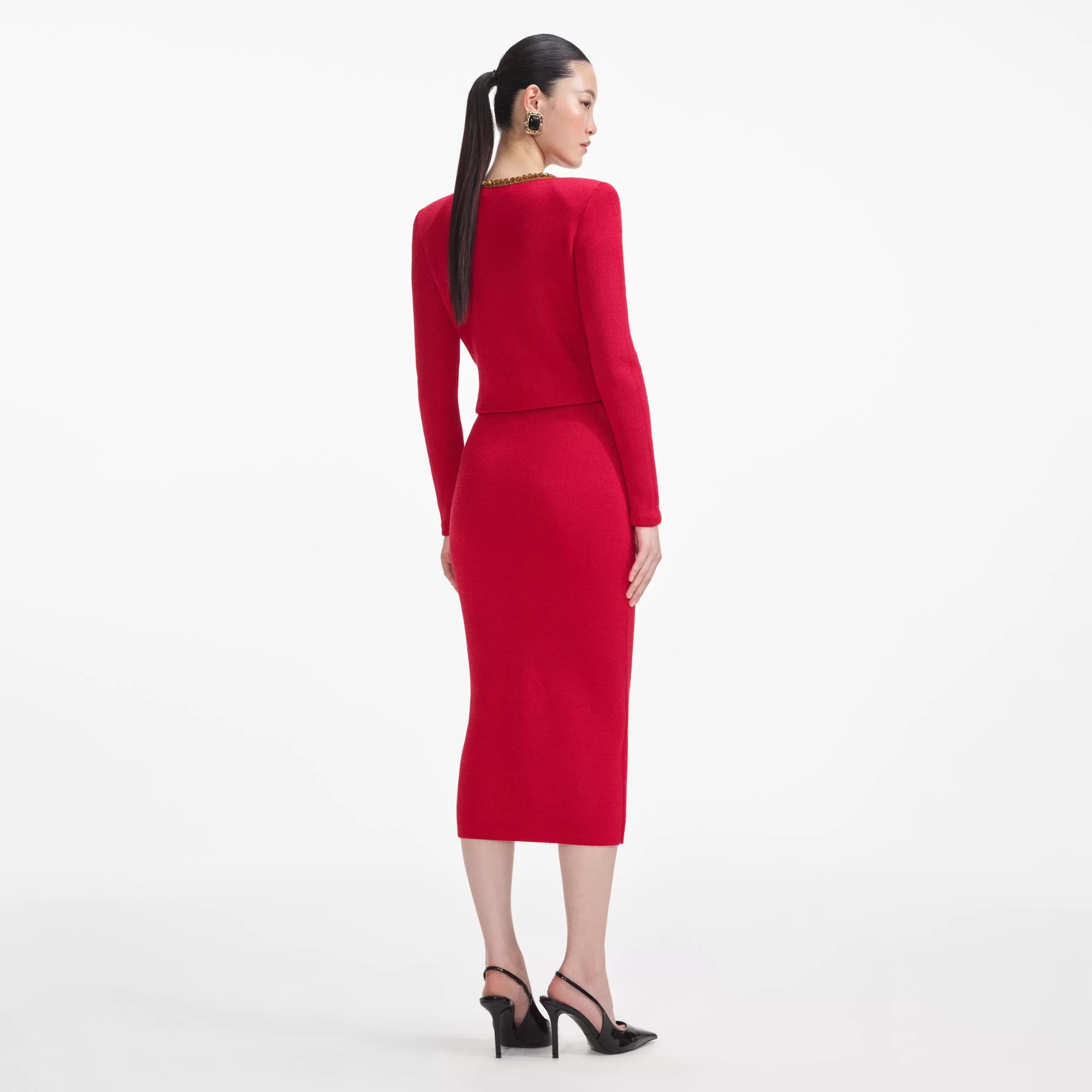 red_textured_knit_corsage_midi_skirt_9063.webp Outlet Textu Knit Corsage Midi Skirt Knitwear | Bottoms