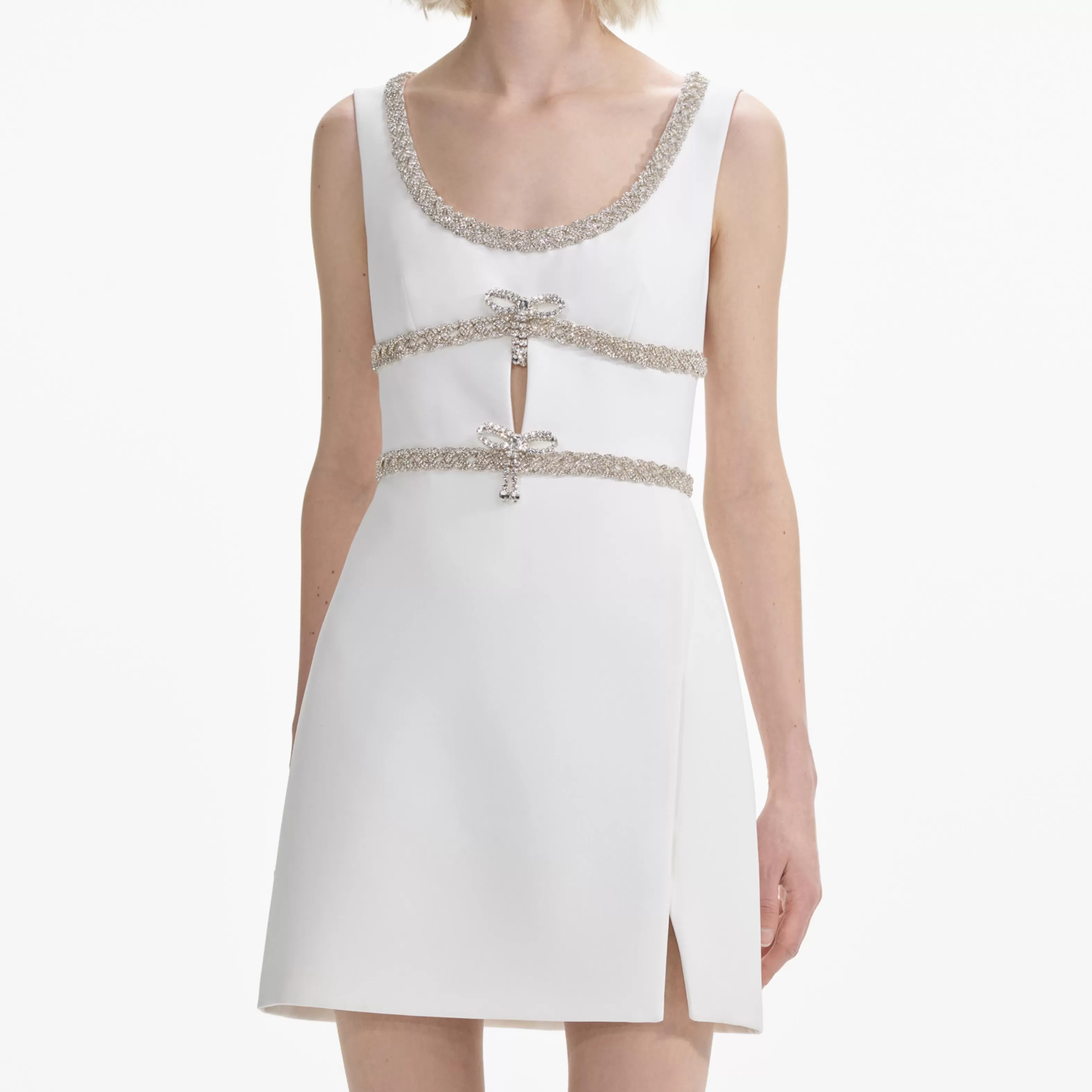 white_diamante_bow_trim_mini_dress_7600.webp Online Diamante Bow Trim Mini Dress Dresses